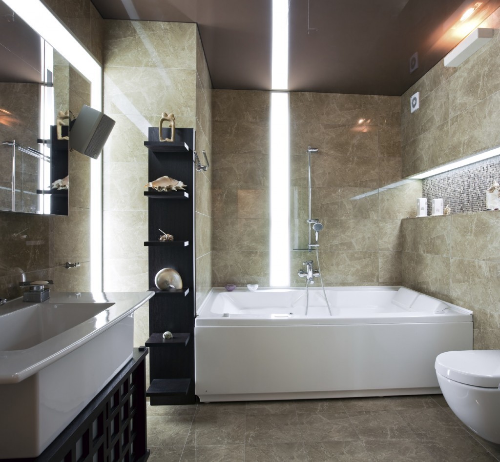 Interior of modern luxury bathroom with unusual lighting