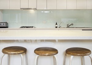 Kitchen benchtop, splashback and stools contemporary